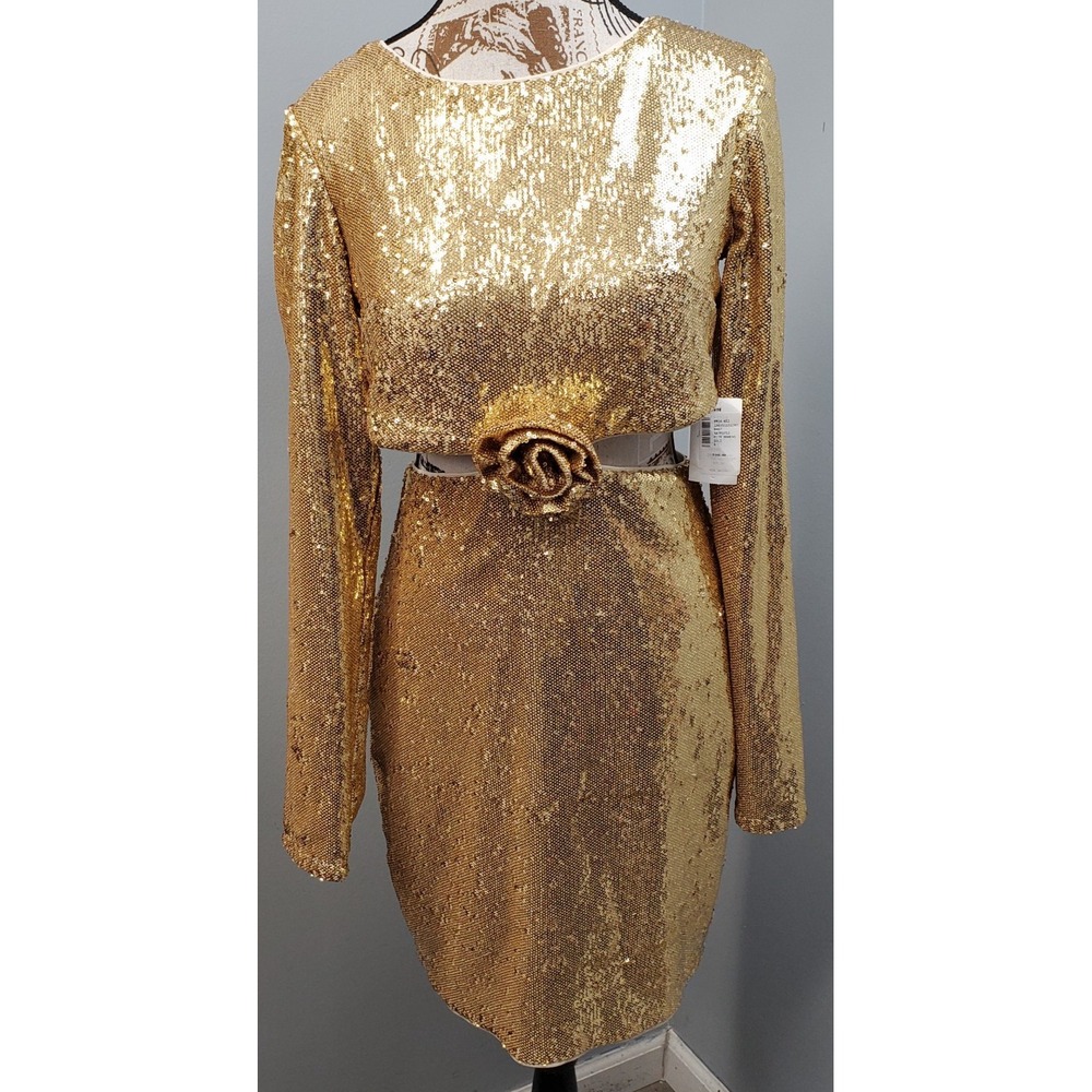Siena Gold Sequin Dress Womens 6 Gold Long Sleeve Cutout Rose Detail Back Zip